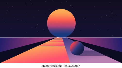Psychedelic outer space. Trendy gradient planets, retro palette. Vector.