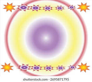 Psychedelic oval frame design with a central purple glow surrounded by yellow and red gradients. The border features rows of stylized purple stars on the top and bottom, with bright orange stars on 