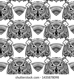 Psychedelic owl head with zentangle elements pattern. Hand drawn doodle. Pattern for fabric, tatoo, paper, clothes