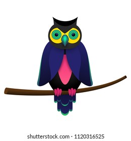 Psychedelic OWl on a branch tree isolated on white background. Trippy Old Wise owl for fabric design, logotype, print for clothes. Vector illustration EPS 10 file.