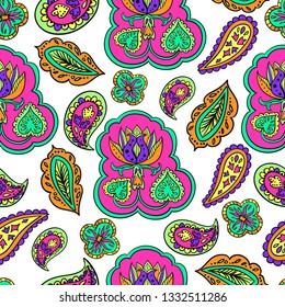 Psychedelic paisley vector seamless colorful pattern.