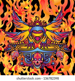 Psychedelic party DJ on fire background vector illustration