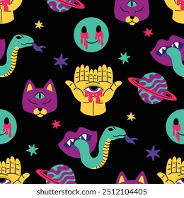 Psychedelic pattern, bright acidic elements.Trend seamless pattern.Cartoon illustration on a white background