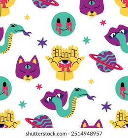 Patrón sin fisuras de tendencia psicodélica, Elementos ácidos brillantes. Ilustración de dibujos animados sobre un fondo blanco