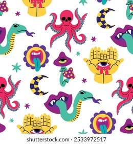 Psychedelic pattern, bright acidic elements.Trend seamless pattern.Cartoon illustration on a white background