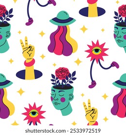 Psychedelic pattern, bright acidic elements.Trend seamless pattern.Cartoon illustration on a white background