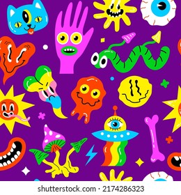 Psychedelic pattern. Colored hippy symbols seamless background recent vector funny template for textile design projects