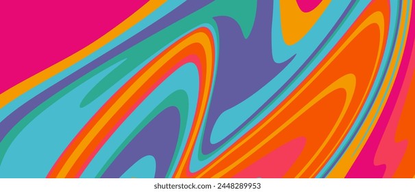 Psychedelisches Muster mit bunten Farben. Abstrakter Retro-Hintergrund mit Swirl-Linie für Werbung, Web-Freuden, Social Media, Banner, Cover, Poster. Groovy Rainbow Farben für Vektorillustration