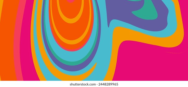 Patrón psicodélico con Colores coloridos. Fondo retro Abstractas con la línea del remolino para la publicidad, delicias del Web, medios sociales, Anuncios, cubiertas, carteles. Groovy Rainbow Colores para Ilustración vectorial