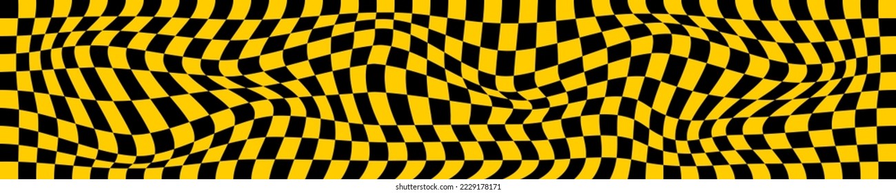 Psychedelic pattern with distorted black and orange squares. Checkered optical illusion. Warped chessboard background. Trippy checkerboard surface. Vector flat illustration