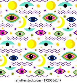 Psychedelic pattern with eyes and abstract shapes. Vector illustration isolated on white background. Modern bright design in Matisse style for various decor - wrapping paper, fabric, brochures, covers