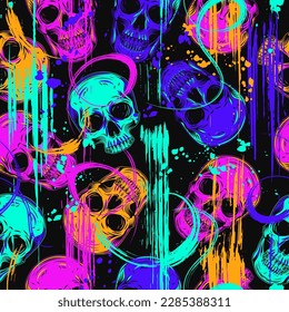 Psychedelic pattern with human skulls, paint brush strokes. Smashed, spattered paint of neon bright colors. Grunge style. Good for apparel, clothing, fabric, textile, sport goods