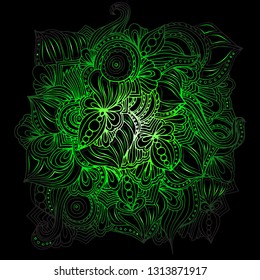 Psychedelic pattern. For meditation, soothing, twisting elements. Doodle drawn by hand