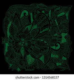 Psychedelic pattern. For meditation, soothing, twisting elements. Doodle drawn by hand