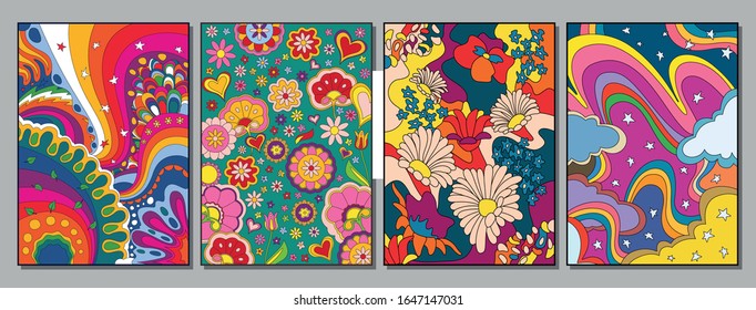 Psychedelic Pattern Set Hippie Style Floral Backgrounds from the 1960s, 1970s