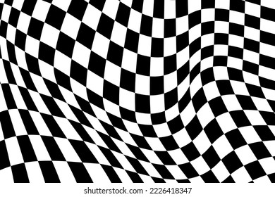 Psychedelic pattern with warped black and white squares. Distorted race flag texture. Checkered optical illusion. Wavy chess board background. Trippy checkerboard surface. Vector flat illustration