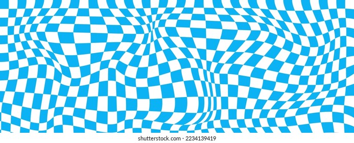 Psychedelic pattern with warped blue and white squares. Distorted chess board background. Checkered optical illusion effect. Trippy checkerboard texture. Vector flat illustration