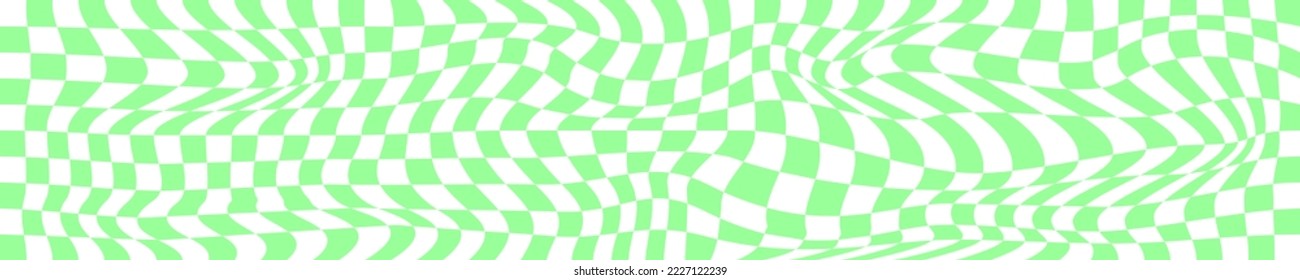 Psychedelic pattern with warped green and white squares. Distorted chess board background. Checkered optical illusion. Crazy geometric design. Trippy checkerboard surface. Vector illustration