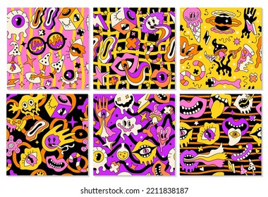 Psychedelic patterns. Abstract seamless background with colored funky symbols in retro 70s style emoticons flowers rainbows stars recent vector template