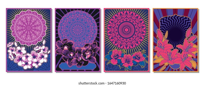 Psychedelic Patterns, Flowers, Ornate Background, Vintage Psychedelic Colors Hippie Style from the 1960s