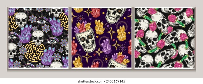 Patrones psicodélicos con piedras preciosas, cráneo humano, cristales, todos ojos que ven. Concepto de espíritu sagrado, mente mágica, mente extendida. Ilustración surrealista psicodélica. Para el estilo groovy, hippie, místico