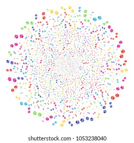 Psychedelic Paw Footprints explosion cluster. Vector spheric cluster explosion created from random paw footprints items. Bright Vector abstraction.