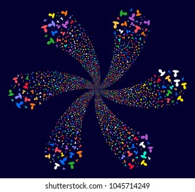 Psychedelic Person cyclonic fireworks on a dark background. Psychedelic cycle combined from scattered person items.
