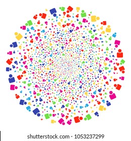 Psychedelic Person festive spheric cluster. Vector round cluster salute designed by randomized person elements. Multicolored Vector illustration.