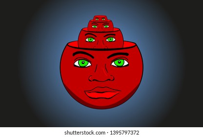 Psychedelic picture, red head in the head. Black background. Vector picture.