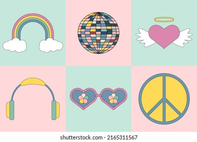 Psychedelic pink and blue cards with retro stickers. Disco ball, rainbow, clouds and sunglasses elements for poster design.