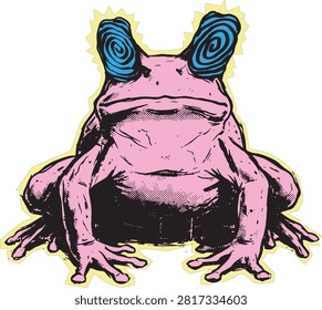 Psychedelic pink frog vector illustration with hypnotic blue spiral eyes in a grunge sticker style hypnotic psychedelic illustration amphibian colorful eccentric character wildlife