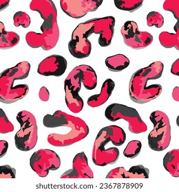 Psychedelic pink leopard vector seamless pattern. Animal skin texture in retro 1980 - 1990's fashion style, trendy neon colors, abstract shape. Design for textile, wrapping paper, greeting cards.