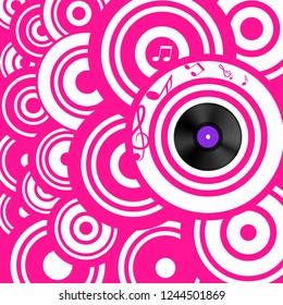 Psychedelic Pink Retro Music Background with Circles and Vinyl Lp Record