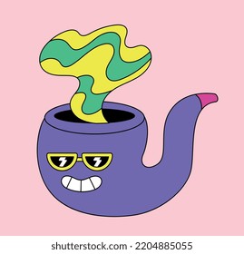Tubo psicodélico con humo. Elemento gráfico para sitio web, pegatina para mensajeros. Positividad, optimismo y alucinaciones. Fantasía e imaginación, carácter feliz. Dibujo vectorial plano de dibujos animados