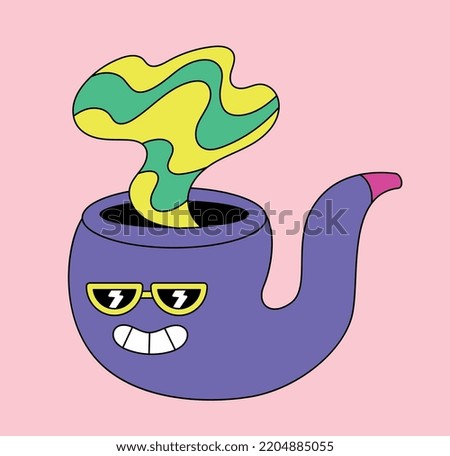 Psychedelic pipe with smoke. Graphic element for website, sticker for messengers. Positivity, optimism and hallucinations. Fantasy and imagination, happy character. Cartoon flat vector illustration