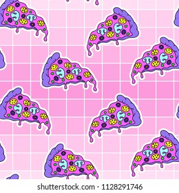 Psychedelic pizza slices seamless pattern. Digital illustration. Exotic pink color food background. Fun poster or banner template. 