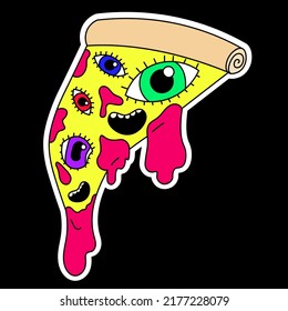 Psicoadhesivo de pizza con ojos y bocas. El líquido rosado gotea de la pizza. Surrealismo.