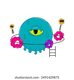 Psychedelic Planet character with one eye in groovy style. Flat isolated vector elements. Acid and bright colors. Retro surreal art