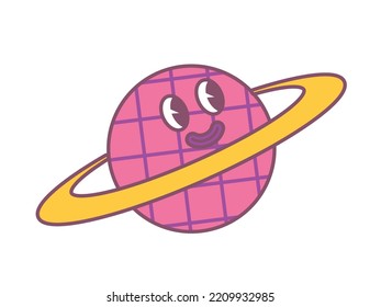 Psychedelic planet concept. Pink sphere with eyes and yellow border. Imagination and fantasy, hallucination. Sticker for social networks in retro, old style. Cartoon flat vector illustration