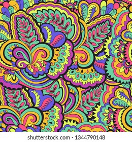 Psychedelic plant vector seamless colorful pattern.