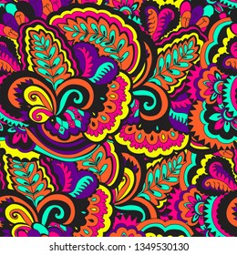 Psychedelic plant vector seamless colorful pattern.