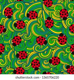 Psychedelic plant vector seamless colorful pattern with ladybugs. 