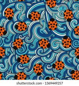 Psychedelic plant vector seamless colorful pattern with ladybugs. 