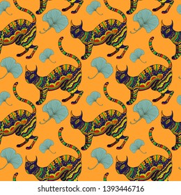 Psychedelic plant vector seamless colorful pattern with ornamental cat and ginkgo leaves.
