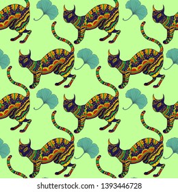 Psychedelic plant vector seamless colorful pattern with ornamental cat and ginkgo leaves.