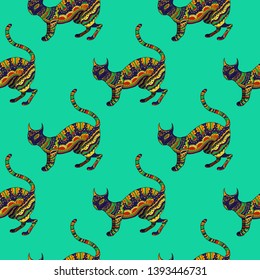 Psychedelic plant vector seamless colorful pattern with ornamental cat.