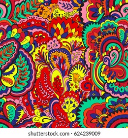 Psychedelic plant vector seamless colorful pattern.