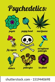 psychedelic plants: peyote, marijuana, mushrooms, psilocybin, skull, t-shirt print
