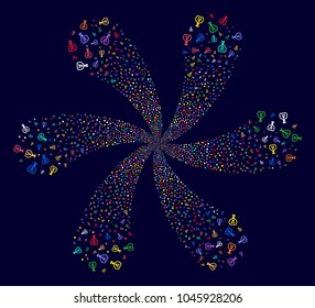 Psychedelic Poison Retort curl flower with six petals on a dark background. Vector abstraction. Impressive cycle created from scattered poison retort objects.