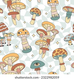 Psychedelic poisonous mushrooms in Groove style. Vector retro seamless pattern, Hippie trip concept.